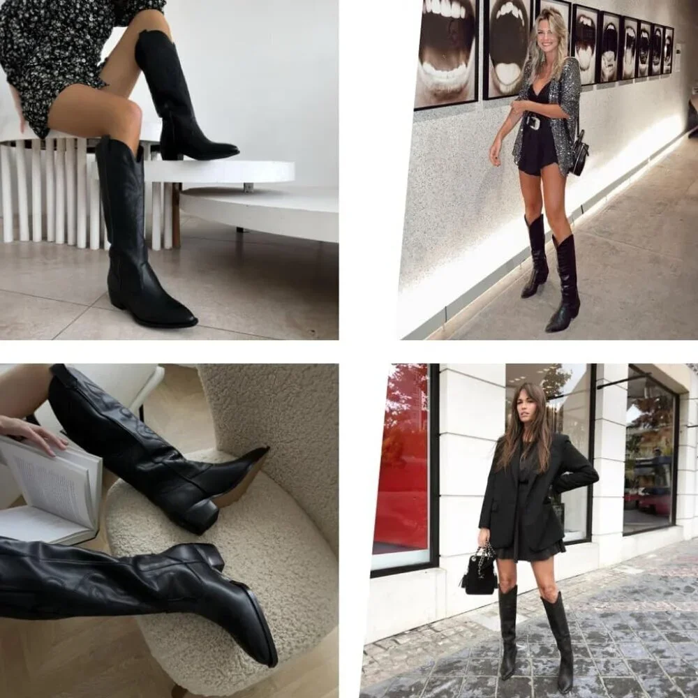 Women Black Polyurethane Embroidered Chunky Stacked Heel Knee High Western Boots